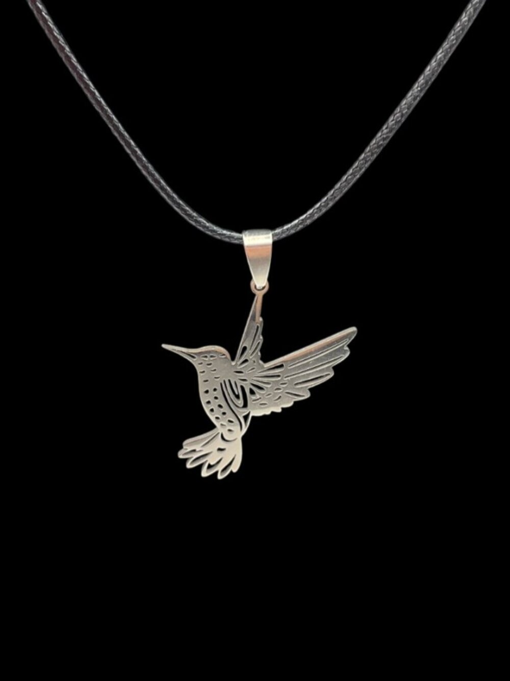 New Stainless Steel Hummingbird Pendant Necklace Black Cord Adjustable